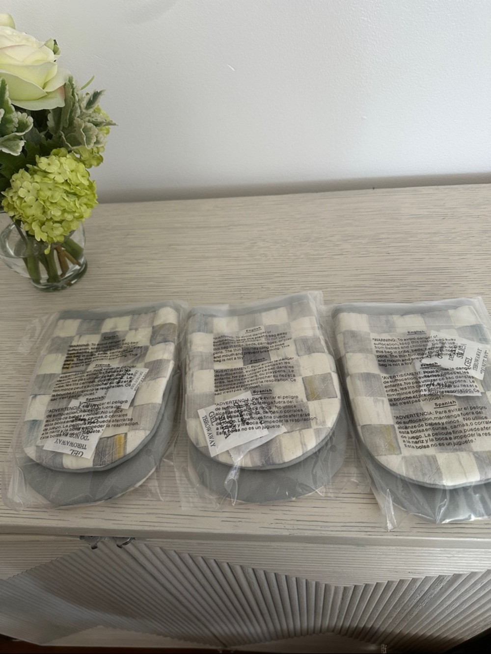 MacKenzie-Childs Sterling Check Mini Oven Mitts - Cream & Gray- Set of 3